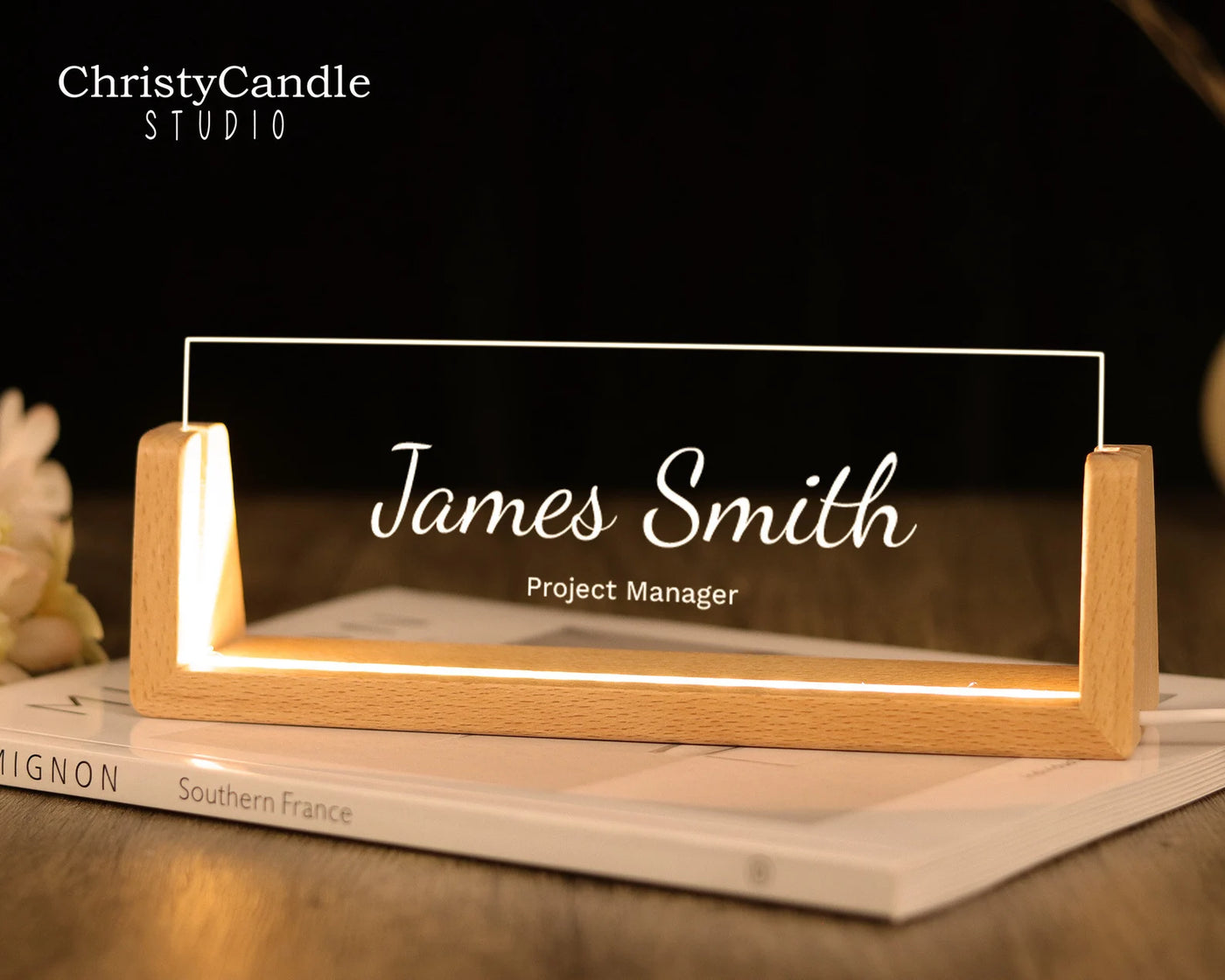 Personalized LED Desk Name Plate With Wooden Base