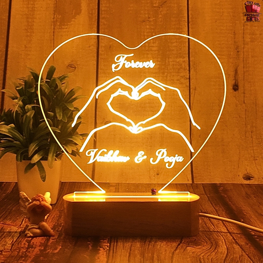 Personalized 3D Illusion LED Table Lamp | Customized Name Lamp for Couple Gift Anniversary, Wedding, Marriage, Valentine Day- Wooden Base. (Heart 2)