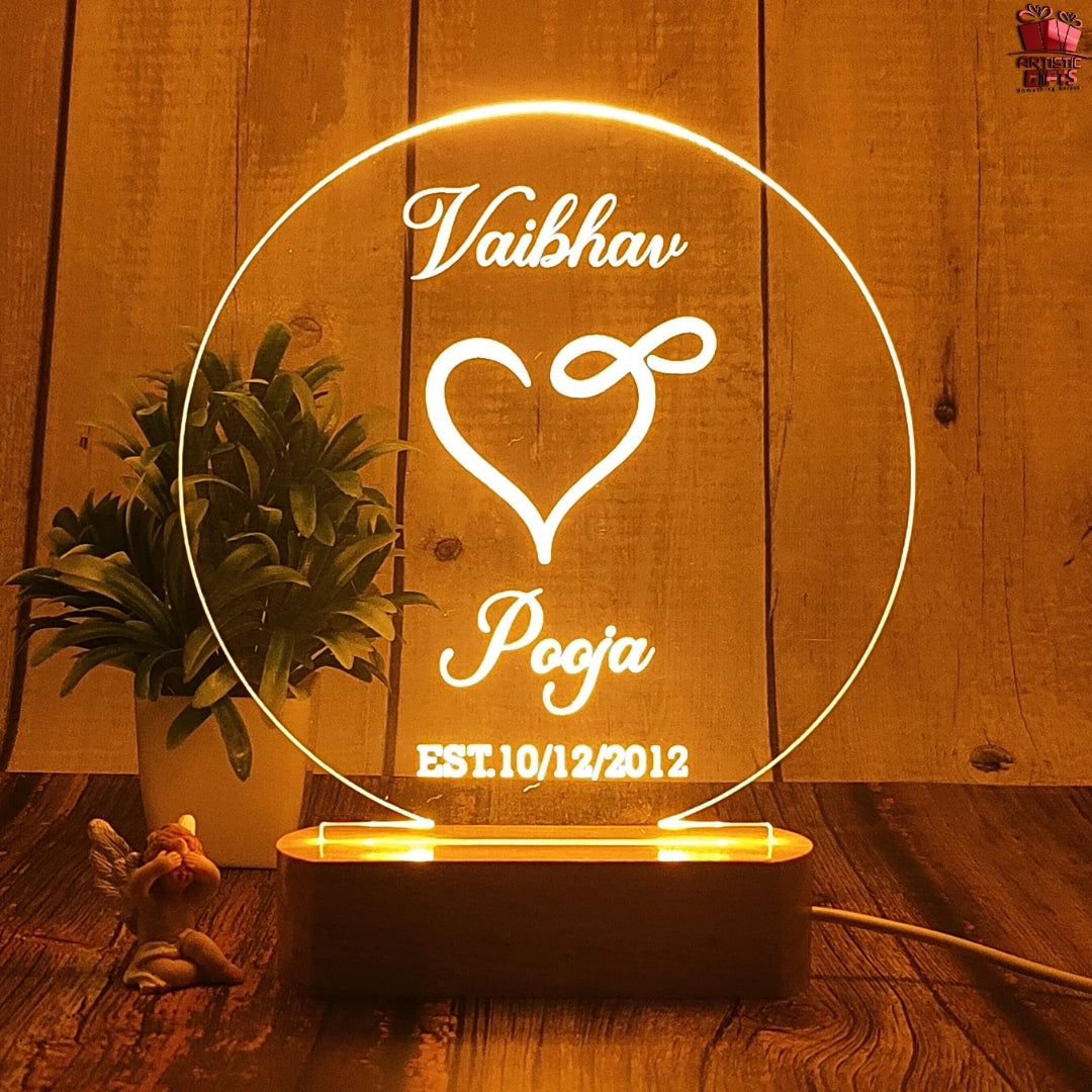 Personalized 3D Illusion LED Table Lamp | Customized Name Lamp for Couple Gift Anniversary, Wedding, Marriage, Valentine Day- Wooden Base. (Circle 2)