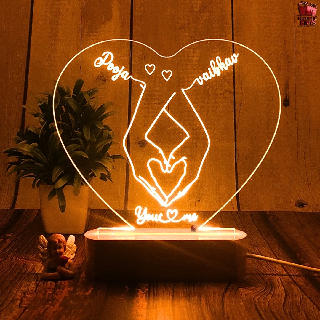 Personalized 3D Illusion LED Table Lamp | Customized Name Lamp for Couple Gift Anniversary, Wedding, Marriage, Valentine Day- Wooden Base. (Heart 1)