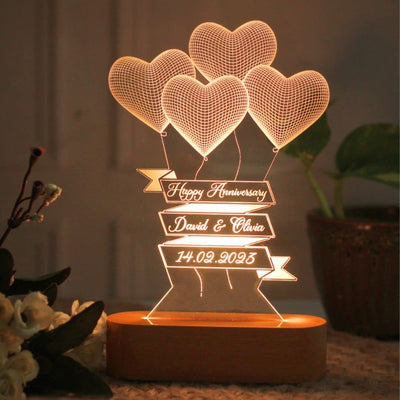 Personalized 3D Illusion Led Lamp Special for Anniversary- Wooden Base,Warm White Light
