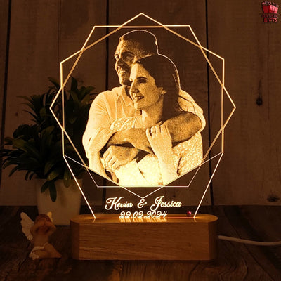 Personalized Hexagon Shape 3D Illusion Photo Led Lamp For Couples| Photo Frame With Customized Photo, Name And Date| Anniversary Gift For Couple, Wife, Husband, Parents.