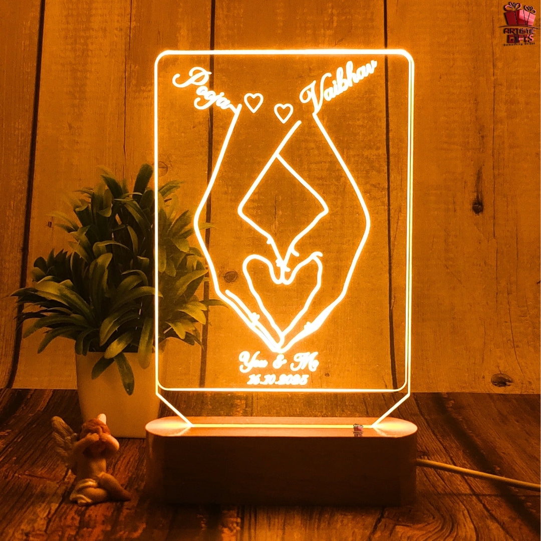 Personalized 3D Illusion LED Table Lamp | Customized Name Lamp for Couple Gift Anniversary, Wedding, Marriage, Valentine Day- Wooden Base. (Square)