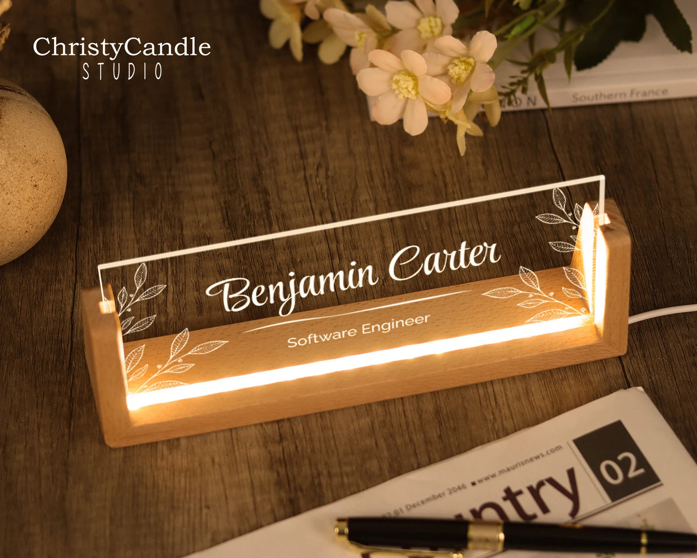 Personalized LED Desk Name Plate With Wooden Base