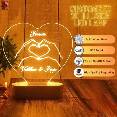 Personalized 3D Illusion LED Table Lamp | Customized Name Lamp for Couple Gift Anniversary, Wedding, Marriage, Valentine Day- Wooden Base. (Heart 2)