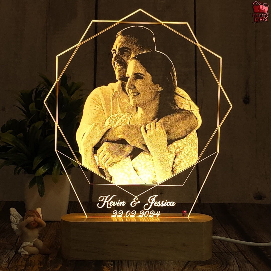 Personalized Hexagon Shape 3D Illusion Photo Led Lamp For Couples| Photo Frame With Customized Photo, Name And Date| Anniversary Gift For Couple, Wife, Husband, Parents.