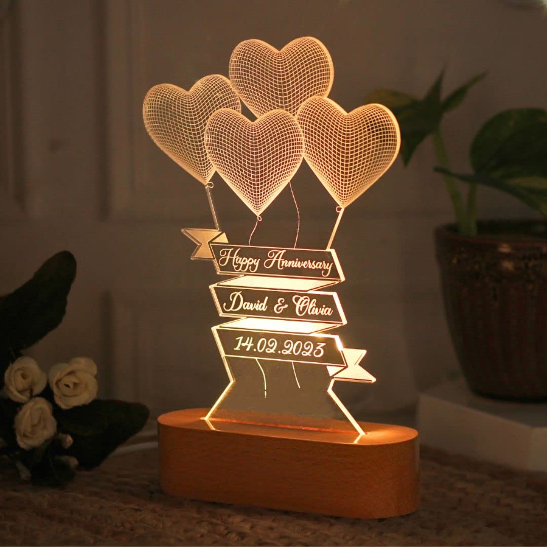 Personalized 3D Illusion Led Lamp Special for Anniversary- Wooden Base,Warm White Light