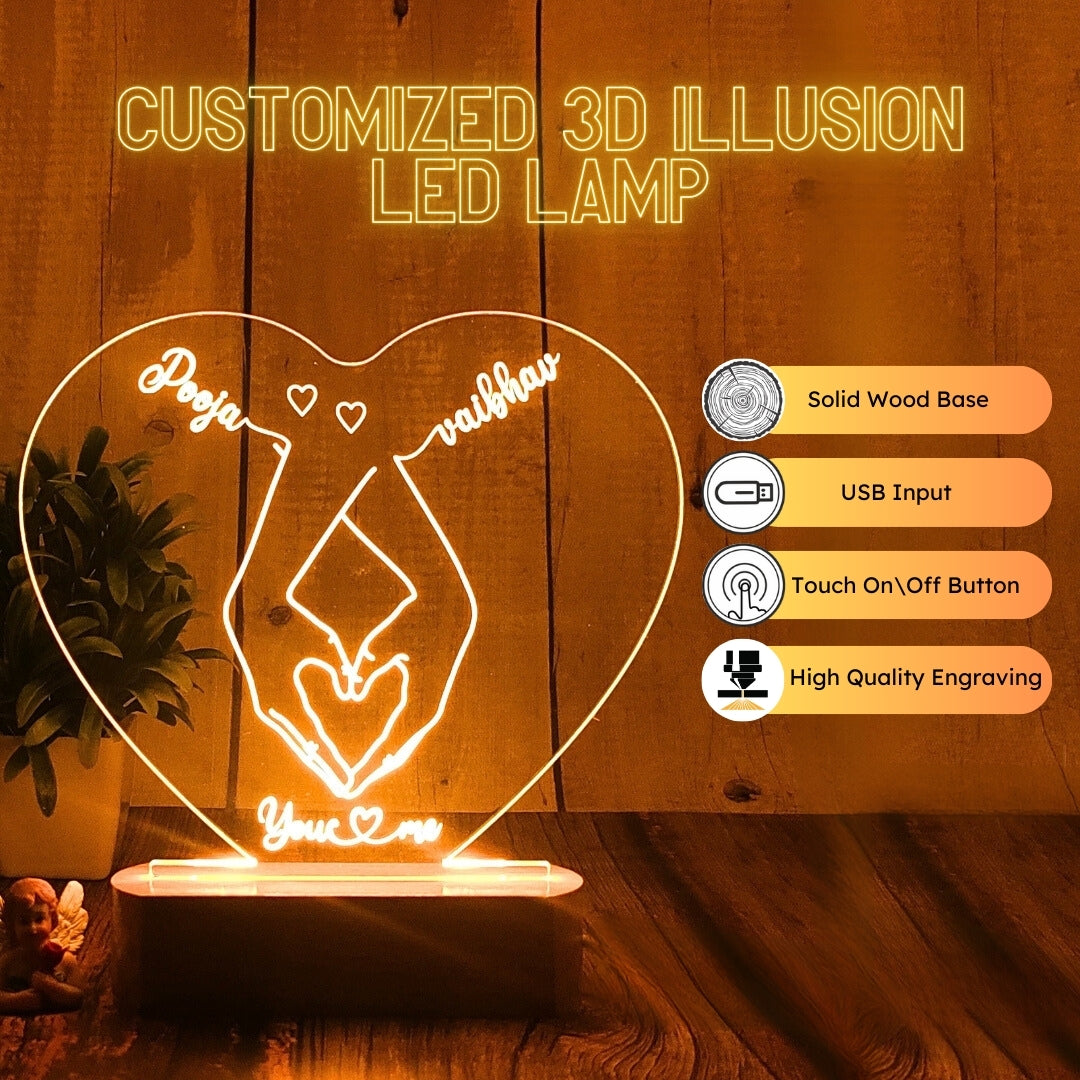 Personalized 3D Illusion LED Table Lamp | Customized Name Lamp for Couple Gift Anniversary, Wedding, Marriage, Valentine Day- Wooden Base. (Heart 1)