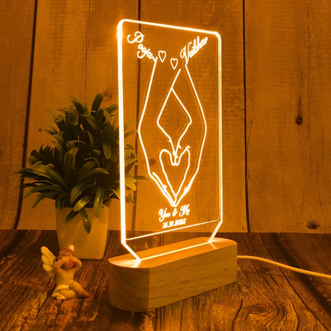 Personalized 3D Illusion LED Table Lamp | Customized Name Lamp for Couple Gift Anniversary, Wedding, Marriage, Valentine Day- Wooden Base. (Square)