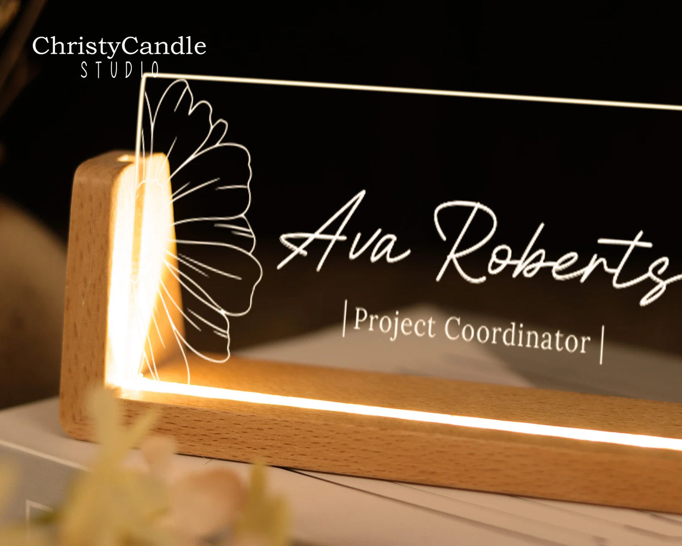 Personalized LED Desk Name Plate With Wooden Base