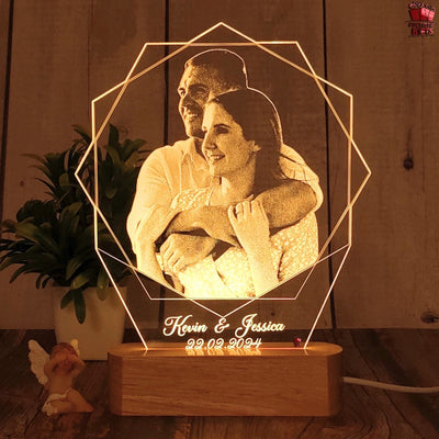 Personalized Hexagon Shape 3D Illusion Photo Led Lamp For Couples| Photo Frame With Customized Photo, Name And Date| Anniversary Gift For Couple, Wife, Husband, Parents.