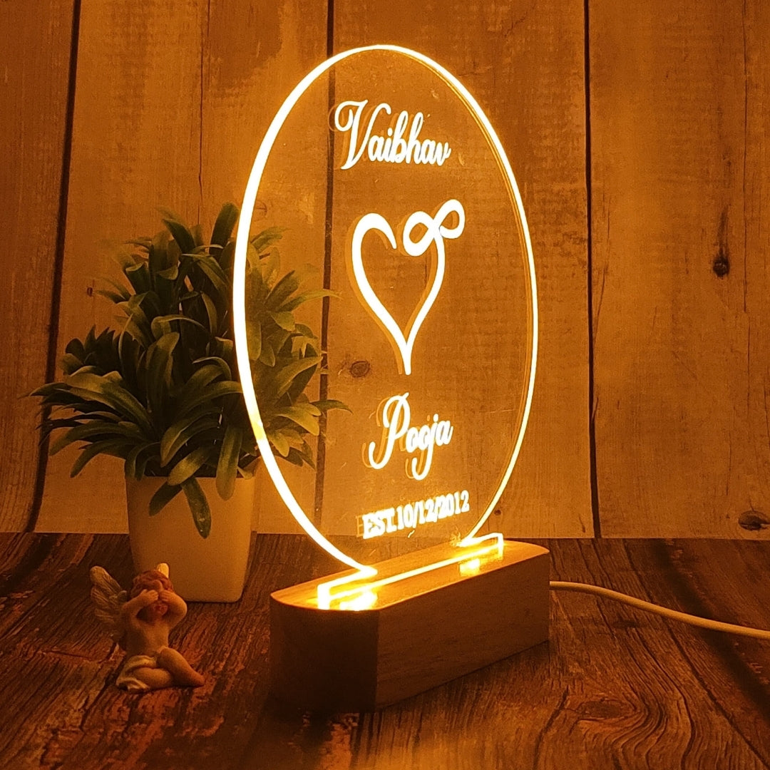 Personalized 3D Illusion LED Table Lamp | Customized Name Lamp for Couple Gift Anniversary, Wedding, Marriage, Valentine Day- Wooden Base. (Circle 2)