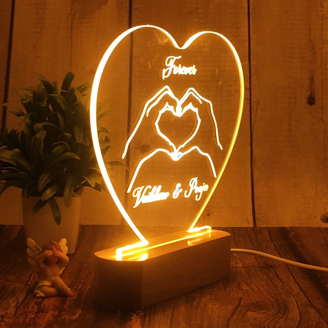 Personalized 3D Illusion LED Table Lamp | Customized Name Lamp for Couple Gift Anniversary, Wedding, Marriage, Valentine Day- Wooden Base. (Heart 2)