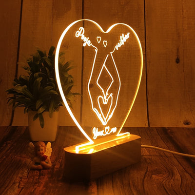 Personalized 3D Illusion LED Table Lamp | Customized Name Lamp for Couple Gift Anniversary, Wedding, Marriage, Valentine Day- Wooden Base. (Heart 1)