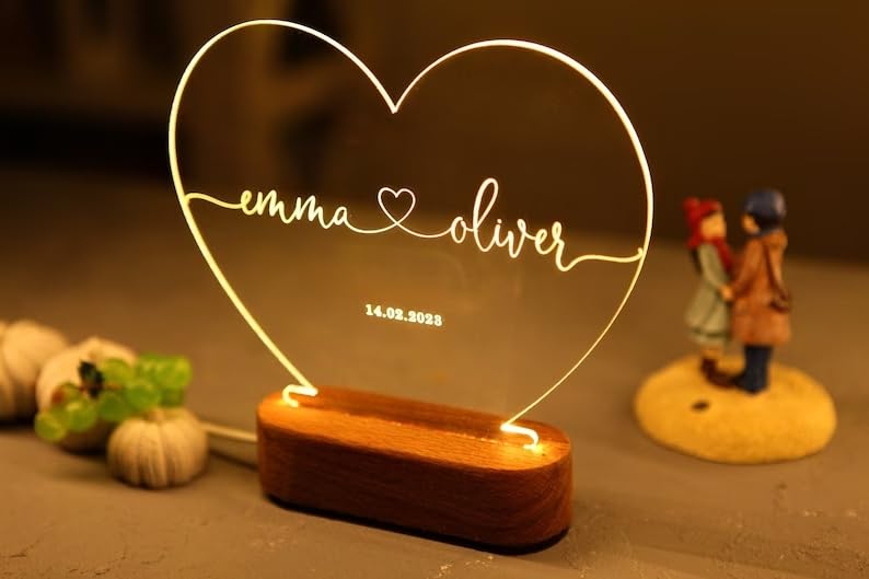 Personalized 3D Illusion LED Table Lamp | Customized Name Lamp for Couple Gift Anniversary, Wedding, Marriage, Valentine Day- Wooden Base, Warm White Light. (Heart)