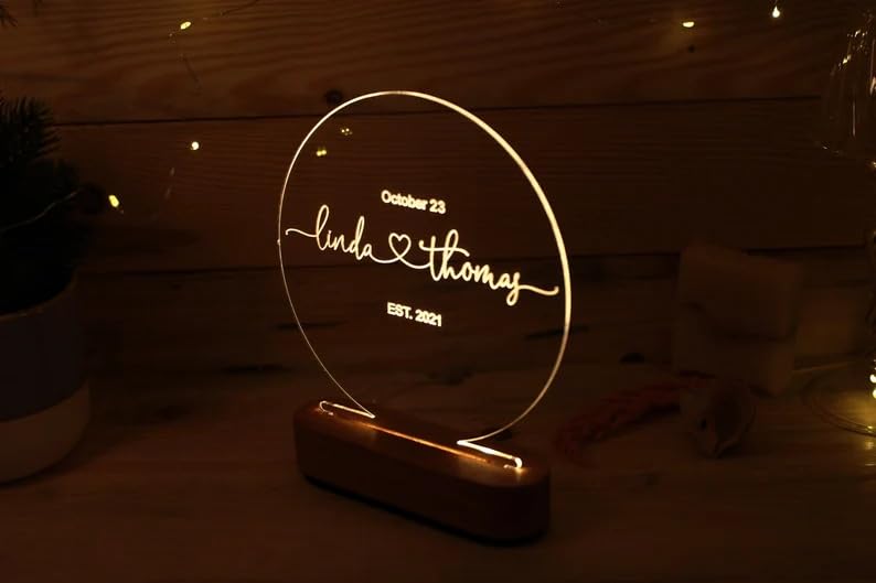 Personalized 3D Illusion LED Table Lamp | Customized Name Lamp for Couple Gift Anniversary, Wedding, Marriage, Valentine Day- Wooden Base, Warm White Light. (Circle)