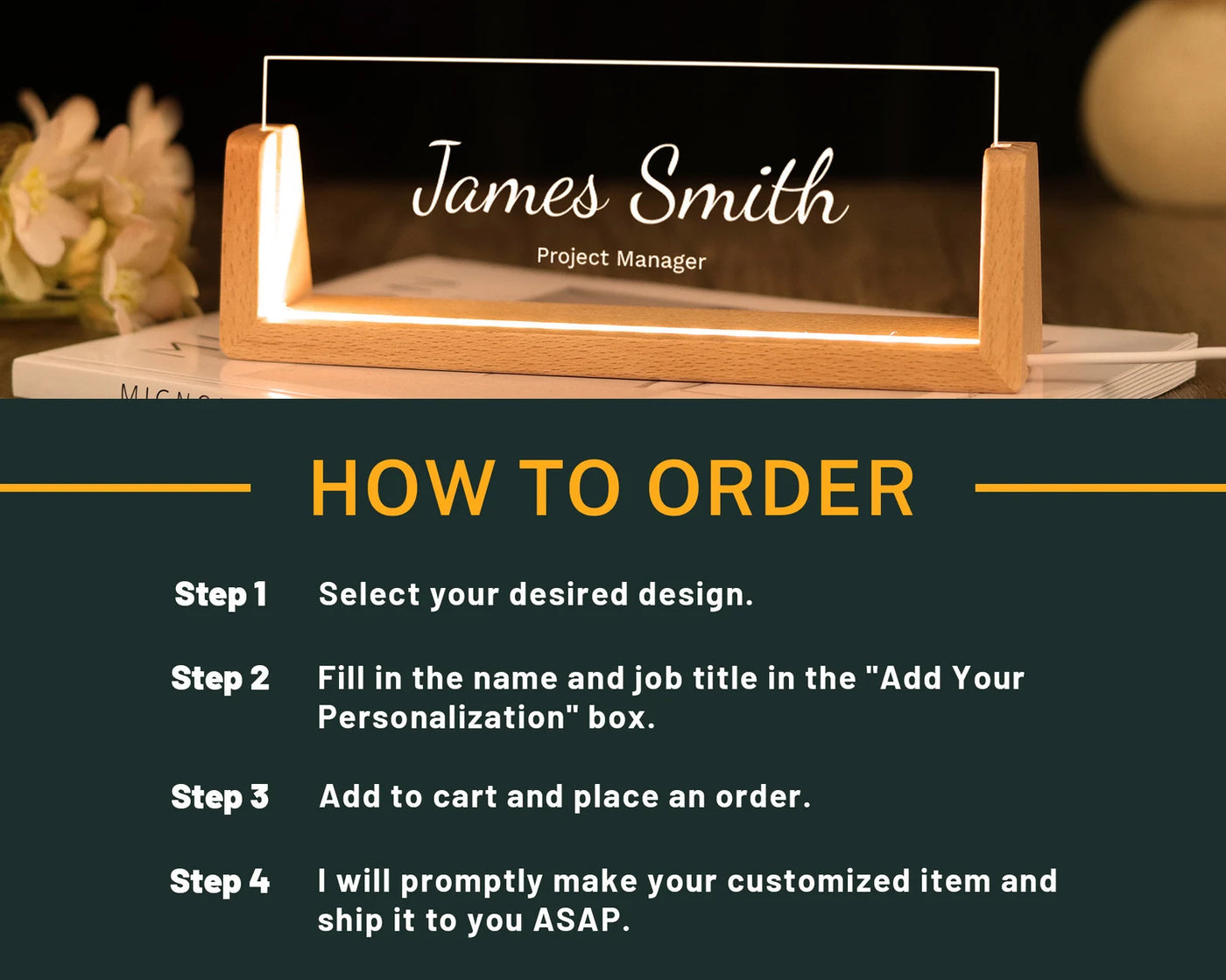 Personalized LED Desk Name Plate With Wooden Base