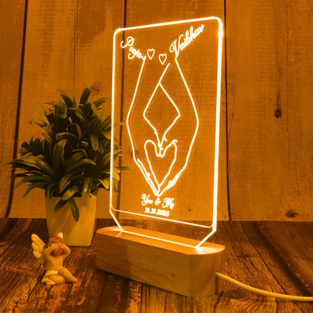 Personalized 3D Illusion LED Table Lamp | Customized Name Lamp for Couple Gift Anniversary, Wedding, Marriage, Valentine Day- Wooden Base. (Square)