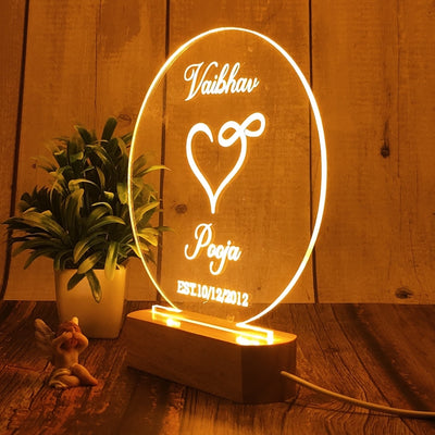 Personalized 3D Illusion LED Table Lamp | Customized Name Lamp for Couple Gift Anniversary, Wedding, Marriage, Valentine Day- Wooden Base. (Circle 2)