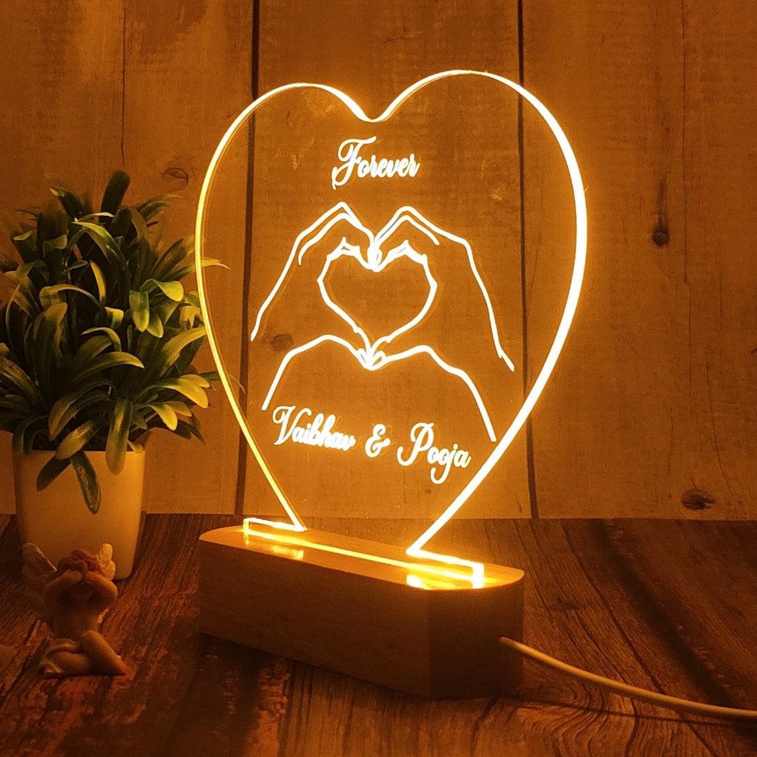 Personalized 3D Illusion LED Table Lamp | Customized Name Lamp for Couple Gift Anniversary, Wedding, Marriage, Valentine Day- Wooden Base. (Heart 2)