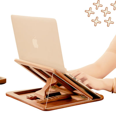 Wooden Laptop Stand for Desk with Adjustable Height, Foldable Riser for Laptop, Compatible for for iPad MacBook Pro Notebook HP Dell Devices Up to 15.6 inches (Walnut)
