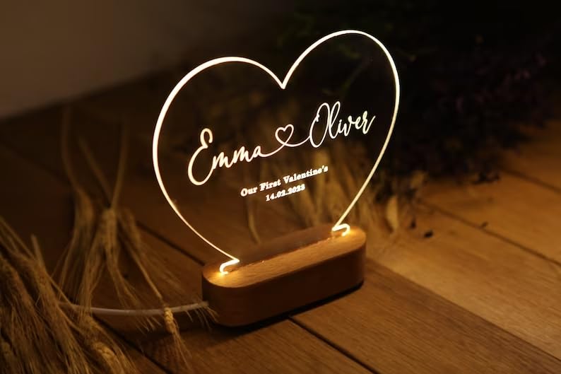 Personalized 3D Illusion LED Table Lamp | Customized Name Lamp for Couple Gift Anniversary, Wedding, Marriage, Valentine Day- Wooden Base, Warm White Light. (Heart)