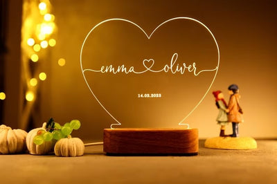 Personalized 3D Illusion LED Table Lamp | Customized Name Lamp for Couple Gift Anniversary, Wedding, Marriage, Valentine Day- Wooden Base, Warm White Light. (Heart)