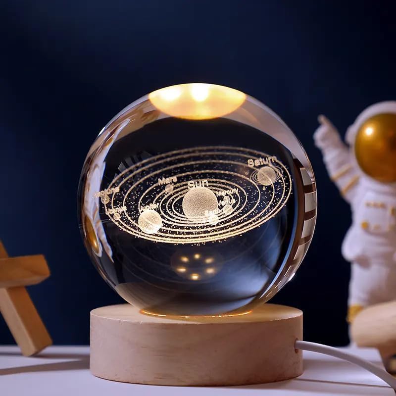 Artistic Gifts 3D Galaxy Crystal Ball Night Light | Dimmable Engraved LED Glass Ball Table Lamp with USB and Wooden Base for Home Decor, Office, Birthday Gift, Housewarming & Kids Bedroom.