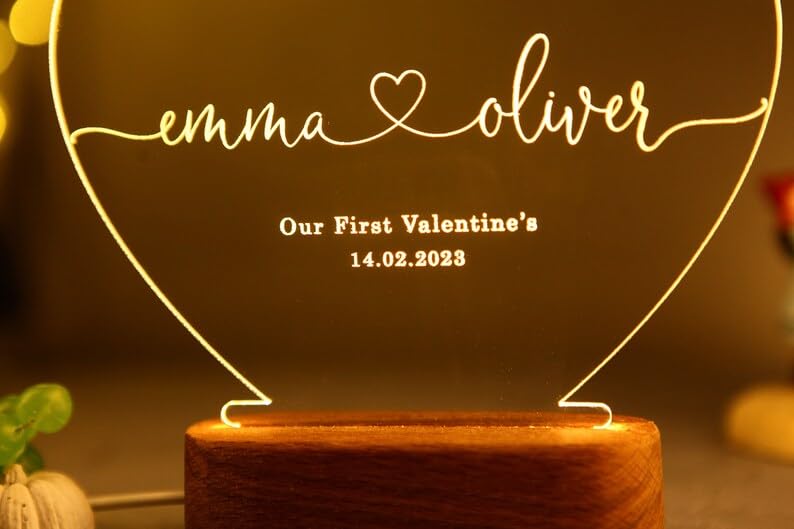 Personalized 3D Illusion LED Table Lamp | Customized Name Lamp for Couple Gift Anniversary, Wedding, Marriage, Valentine Day- Wooden Base, Warm White Light. (Heart)