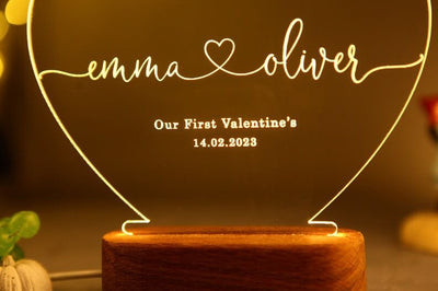 Personalized 3D Illusion LED Table Lamp | Customized Name Lamp for Couple Gift Anniversary, Wedding, Marriage, Valentine Day- Wooden Base, Warm White Light. (Heart)