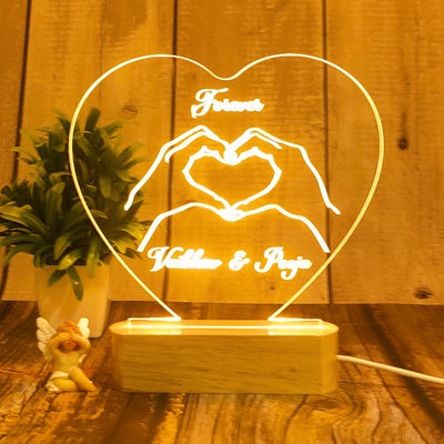 Personalized 3D Illusion LED Table Lamp | Customized Name Lamp for Couple Gift Anniversary, Wedding, Marriage, Valentine Day- Wooden Base. (Heart 2)