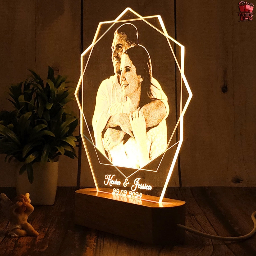 Personalized Hexagon Shape 3D Illusion Photo Led Lamp For Couples| Photo Frame With Customized Photo, Name And Date| Anniversary Gift For Couple, Wife, Husband, Parents.