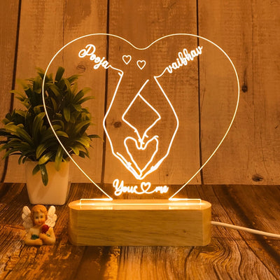 Personalized 3D Illusion LED Table Lamp | Customized Name Lamp for Couple Gift Anniversary, Wedding, Marriage, Valentine Day- Wooden Base. (Heart 1)