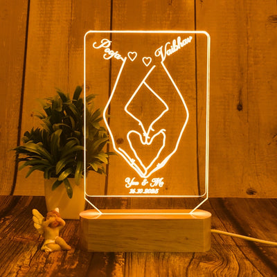 Personalized 3D Illusion LED Table Lamp | Customized Name Lamp for Couple Gift Anniversary, Wedding, Marriage, Valentine Day- Wooden Base. (Square)