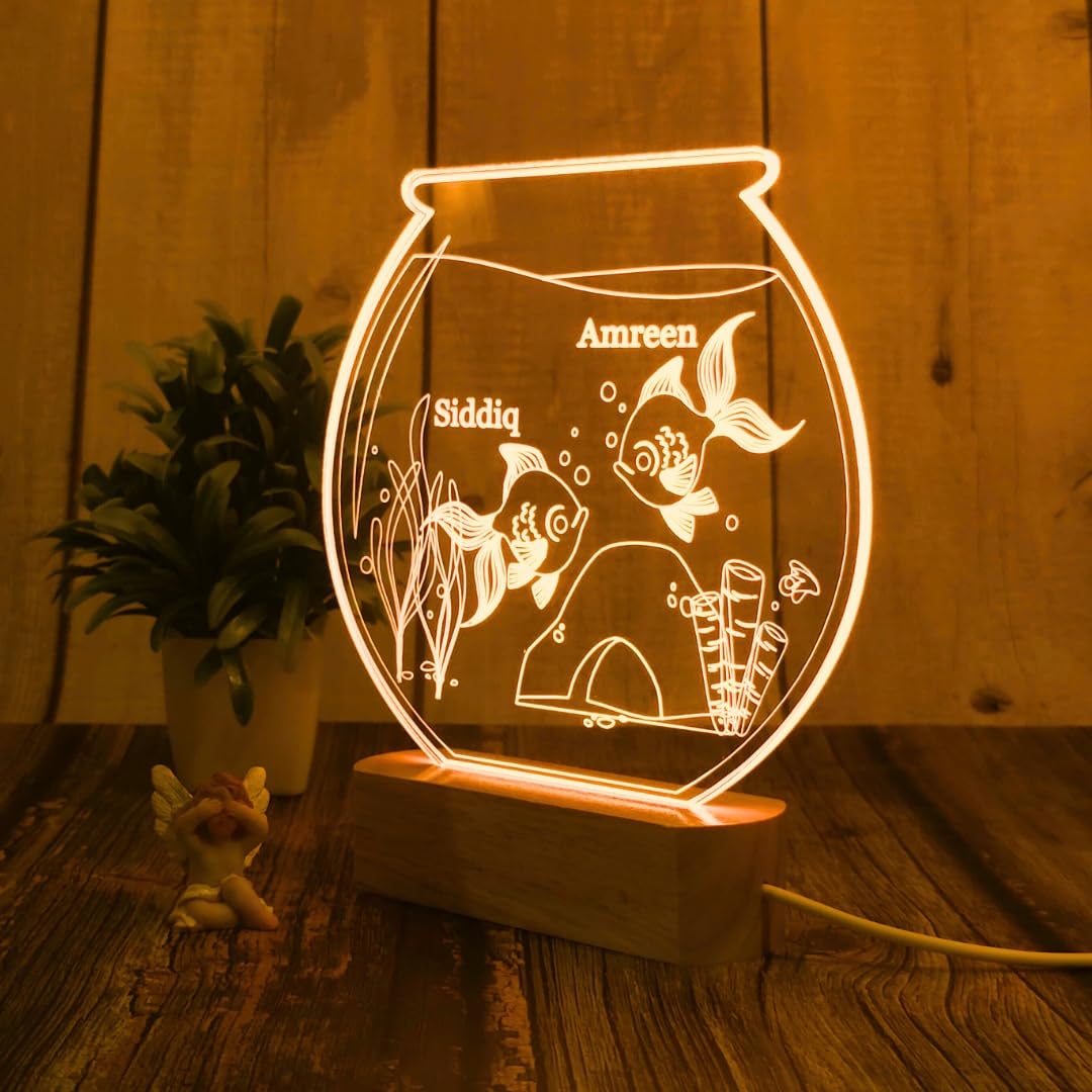 Personalized 3D Illusion LED Table Lamp | Customized Name Lamp for Couple Gift Anniversary, Wedding, Marriage, Valentine Day- Wooden Base, Warm Light. (Fish Bowl)