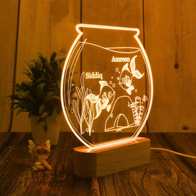 Personalized 3D Illusion LED Table Lamp | Customized Name Lamp for Couple Gift Anniversary, Wedding, Marriage, Valentine Day- Wooden Base, Warm Light. (Fish Bowl)