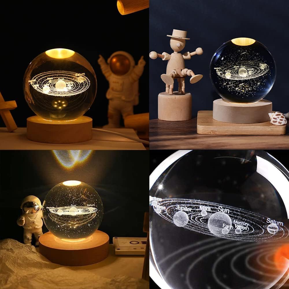 Artistic Gifts 3D Galaxy Crystal Ball Night Light | Dimmable Engraved LED Glass Ball Table Lamp with USB and Wooden Base for Home Decor, Office, Birthday Gift, Housewarming & Kids Bedroom.