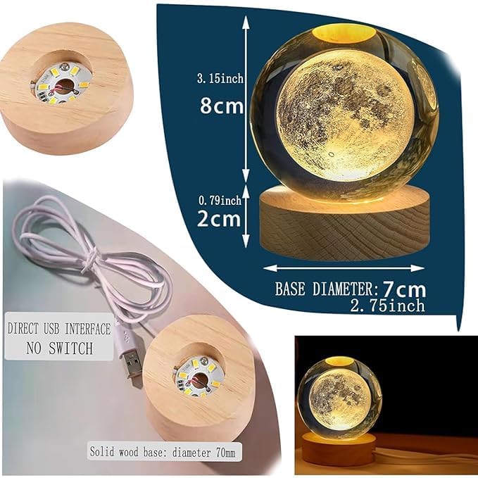 Artistic Gifts 3D Moon Crystal Ball Night Light | Dimmable Engraved LED Glass Ball Table Lamp with USB and Wooden Base for Home Decor, Office, Birthday Gift, Housewarming & Kids Bedroom.