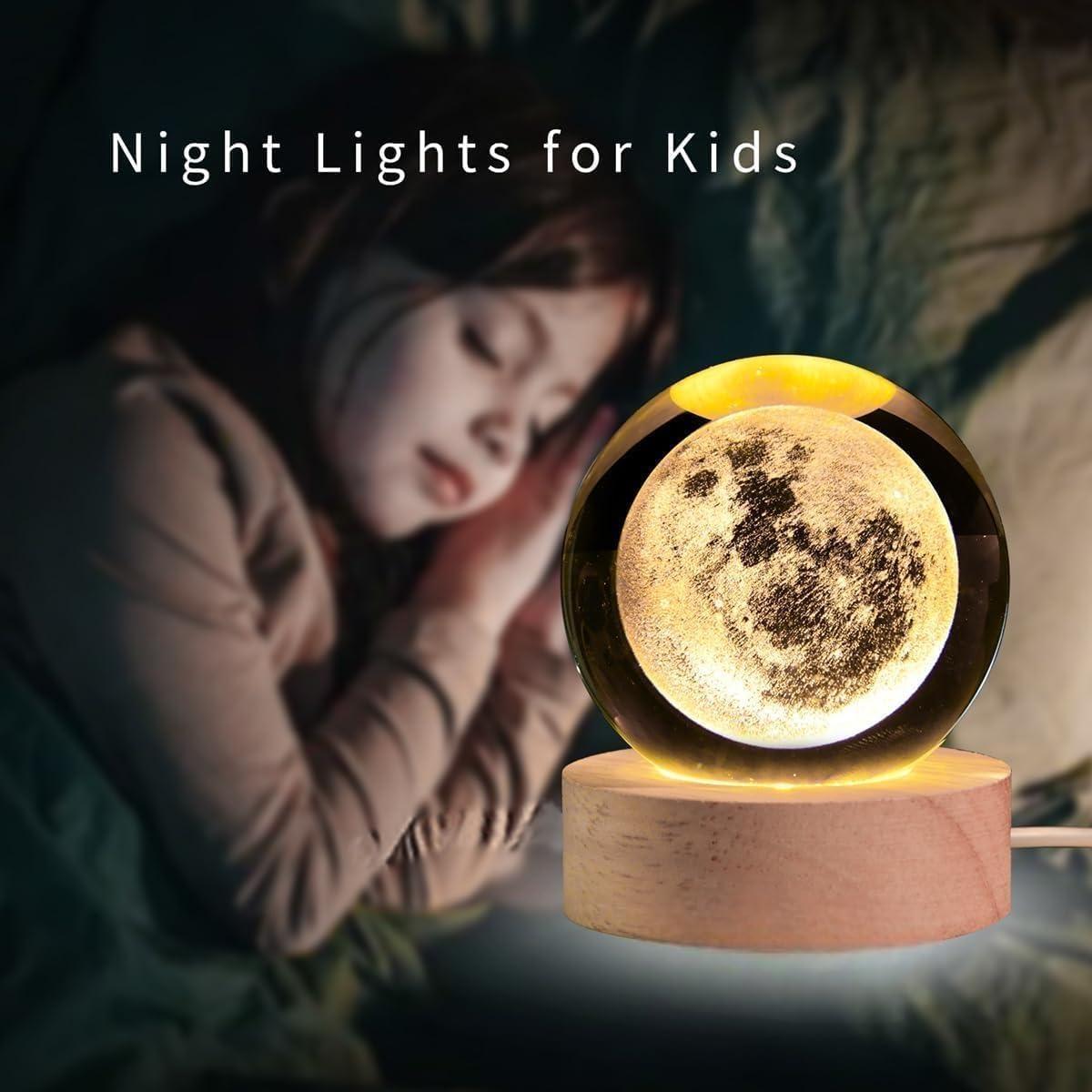 Artistic Gifts 3D Moon Crystal Ball Night Light | Dimmable Engraved LED Glass Ball Table Lamp with USB and Wooden Base for Home Decor, Office, Birthday Gift, Housewarming & Kids Bedroom.