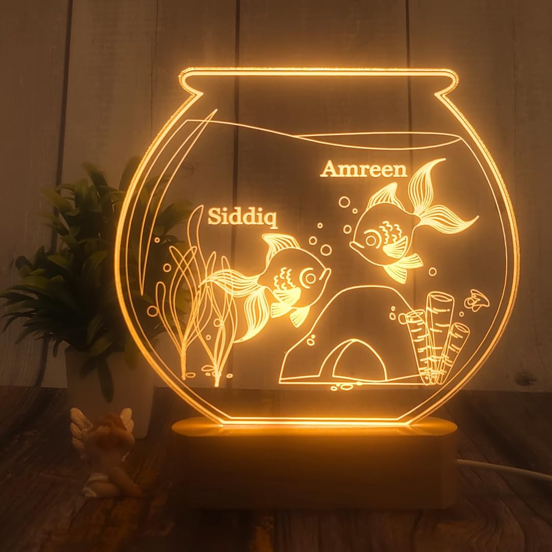 Personalized 3D Illusion LED Table Lamp | Customized Name Lamp for Couple Gift Anniversary, Wedding, Marriage, Valentine Day- Wooden Base, Warm Light. (Fish Bowl)