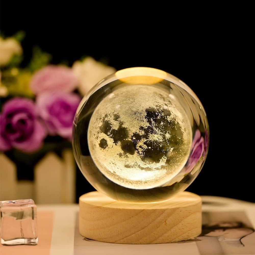 Artistic Gifts 3D Moon Crystal Ball Night Light | Dimmable Engraved LED Glass Ball Table Lamp with USB and Wooden Base for Home Decor, Office, Birthday Gift, Housewarming & Kids Bedroom.