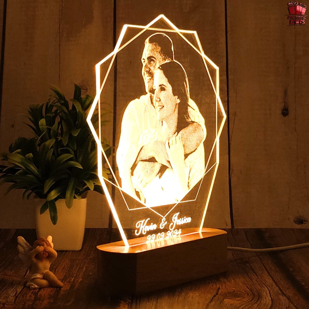 Personalized Hexagon Shape 3D Illusion Photo Led Lamp For Couples| Photo Frame With Customized Photo, Name And Date| Anniversary Gift For Couple, Wife, Husband, Parents.