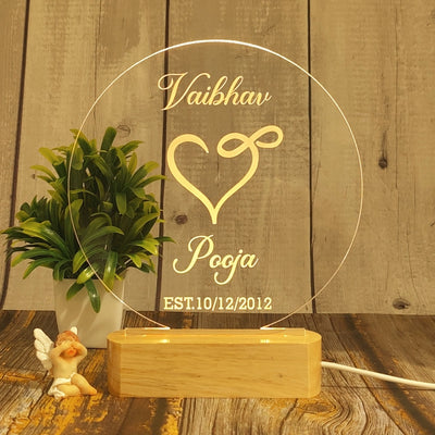 Personalized 3D Illusion LED Table Lamp | Customized Name Lamp for Couple Gift Anniversary, Wedding, Marriage, Valentine Day- Wooden Base. (Circle 2)