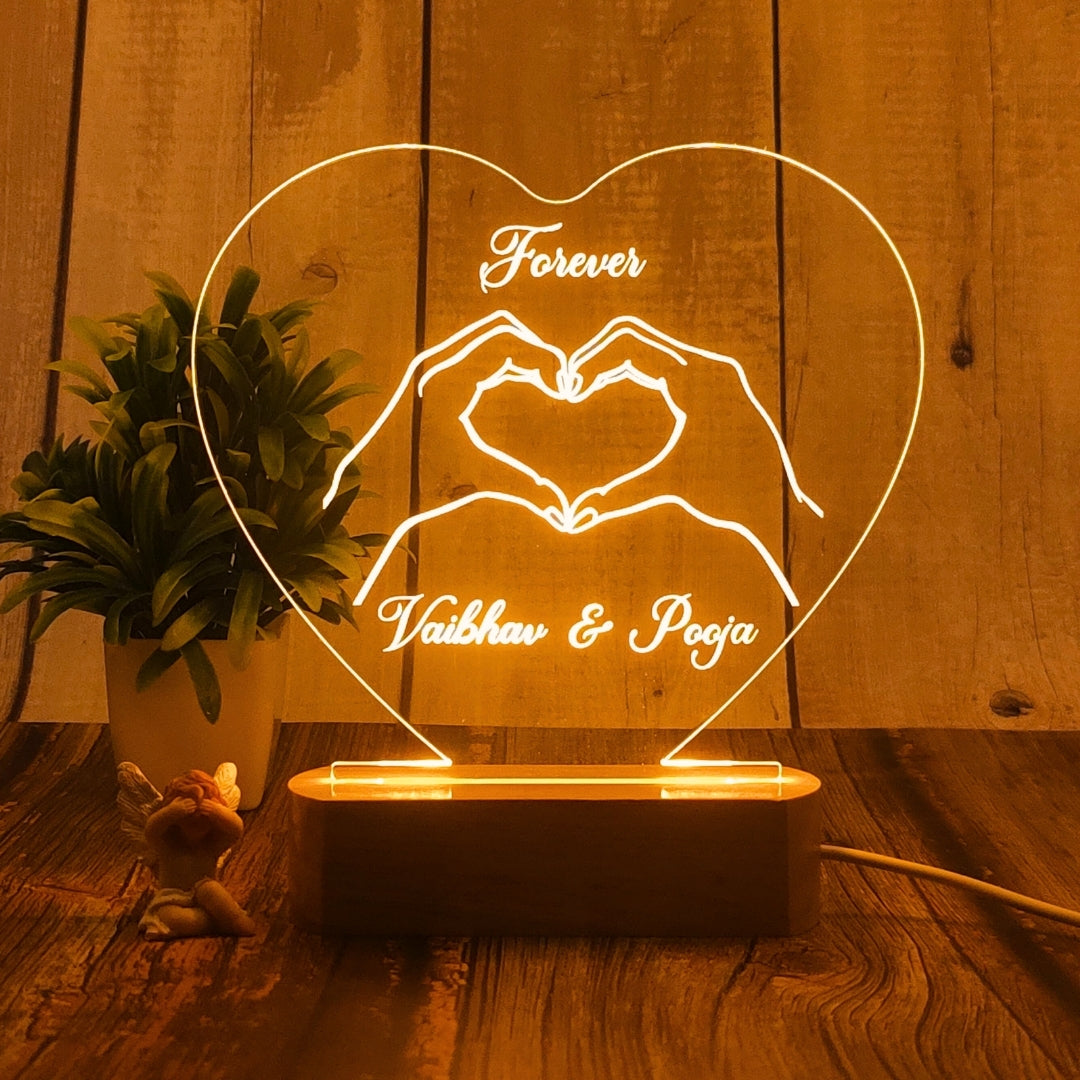 Personalized 3D Illusion LED Table Lamp | Customized Name Lamp for Couple Gift Anniversary, Wedding, Marriage, Valentine Day- Wooden Base. (Heart 2)