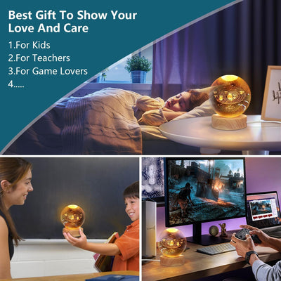 Artistic Gifts 3D Galaxy Crystal Ball Night Light | Dimmable Engraved LED Glass Ball Table Lamp with USB and Wooden Base for Home Decor, Office, Birthday Gift, Housewarming & Kids Bedroom.