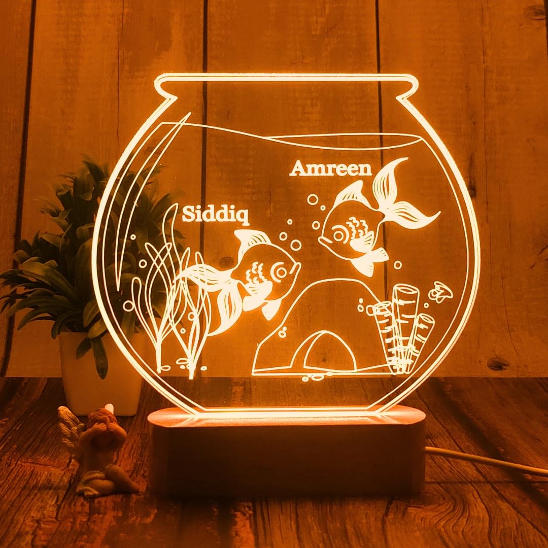 Personalized 3D Illusion LED Table Lamp | Customized Name Lamp for Couple Gift Anniversary, Wedding, Marriage, Valentine Day- Wooden Base, Warm Light. (Fish Bowl)