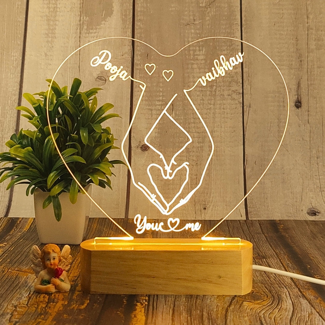 Personalized 3D Illusion LED Table Lamp | Customized Name Lamp for Couple Gift Anniversary, Wedding, Marriage, Valentine Day- Wooden Base. (Heart 1)