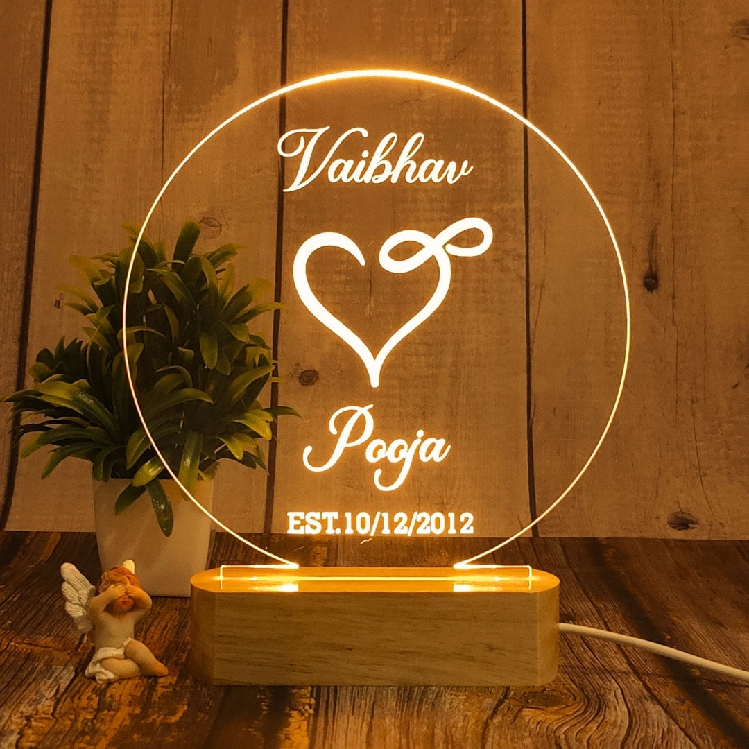 Personalized 3D Illusion LED Table Lamp | Customized Name Lamp for Couple Gift Anniversary, Wedding, Marriage, Valentine Day- Wooden Base. (Circle 2)