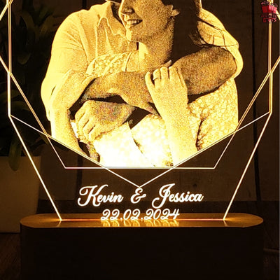 Personalized Hexagon Shape 3D Illusion Photo Led Lamp For Couples| Photo Frame With Customized Photo, Name And Date| Anniversary Gift For Couple, Wife, Husband, Parents.