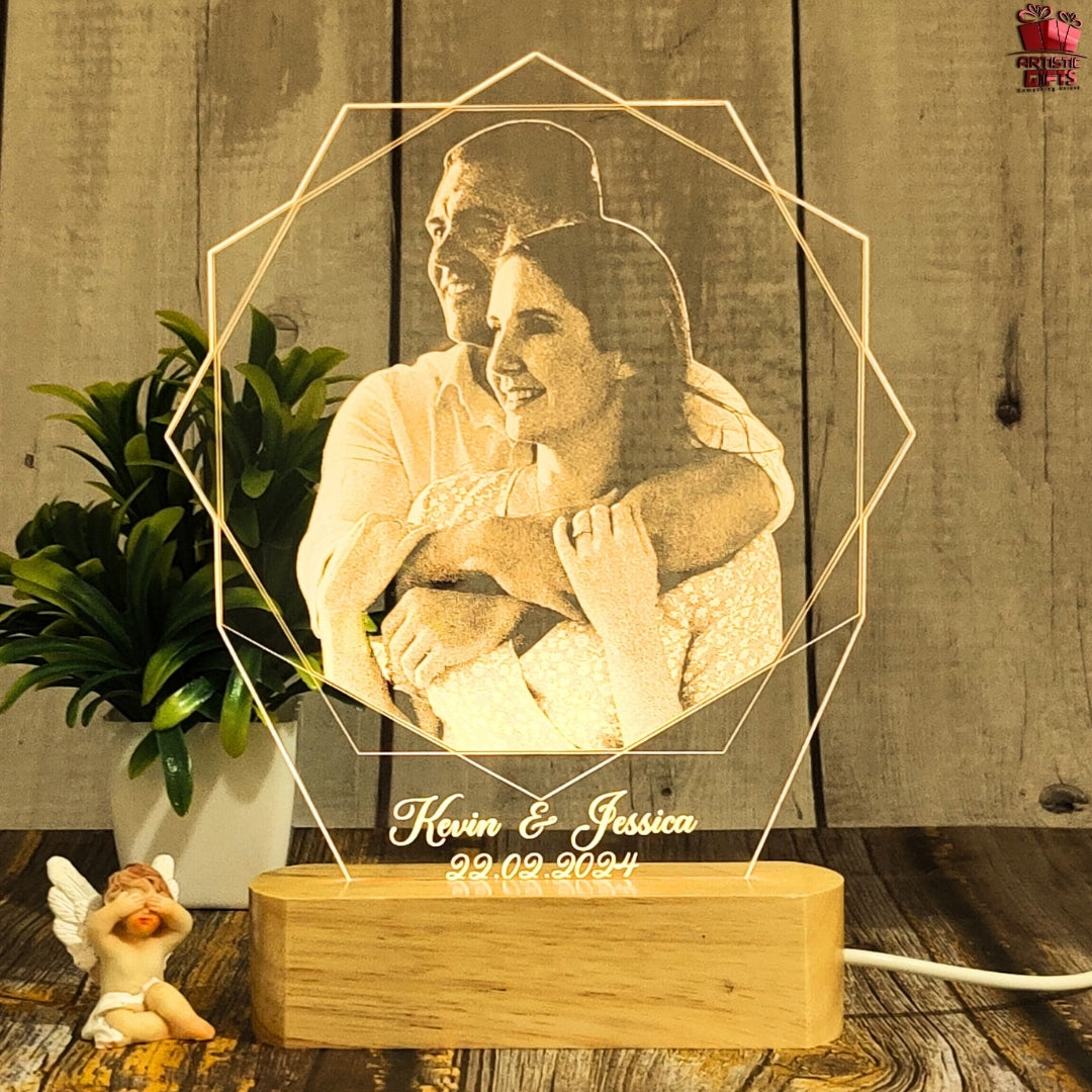 Personalized Hexagon Shape 3D Illusion Photo Led Lamp For Couples| Photo Frame With Customized Photo, Name And Date| Anniversary Gift For Couple, Wife, Husband, Parents.